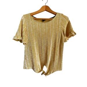 W5 Yellow Short Ruffle Sleeve Knit Top tie Waist Textured Casual Romantic Large